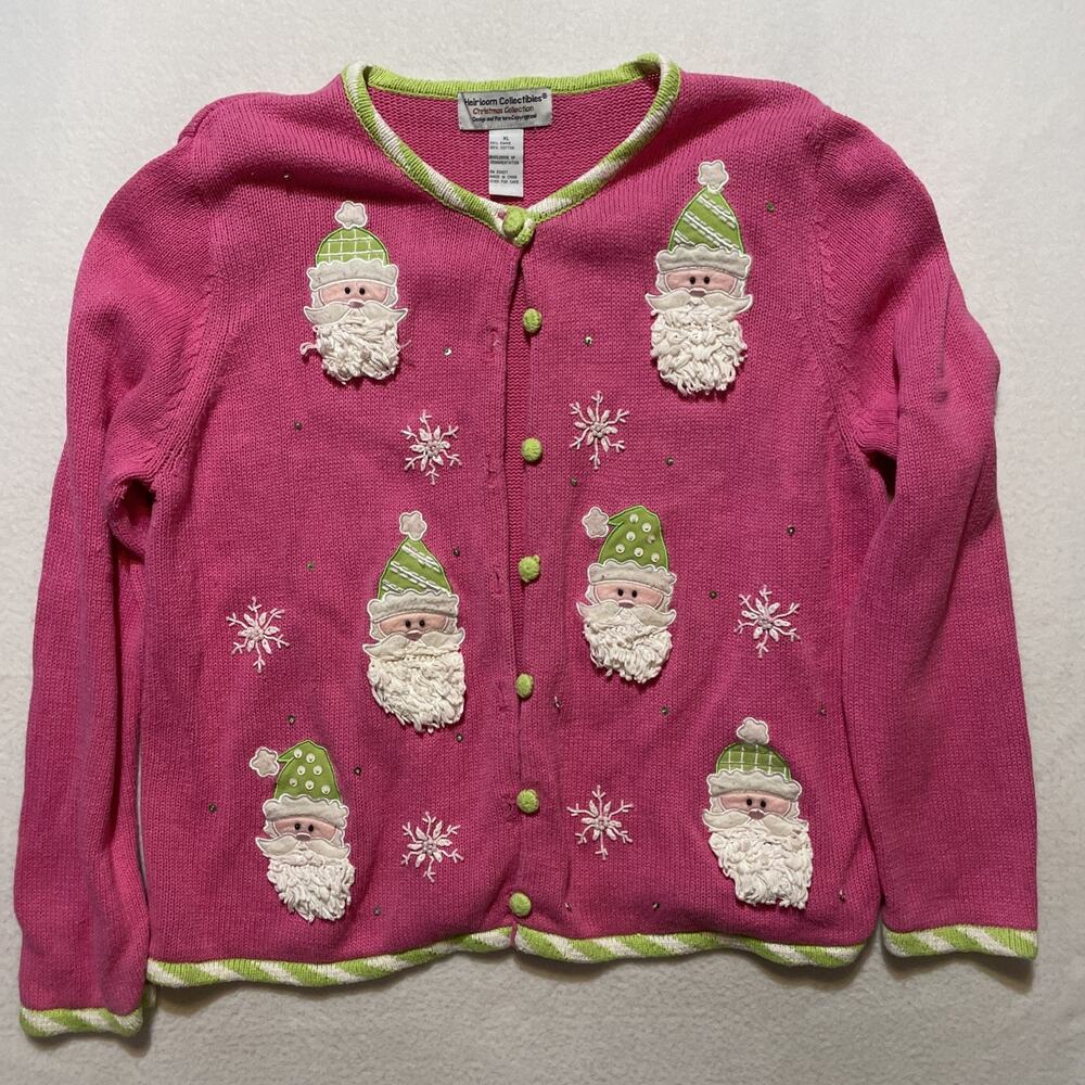 Vintage Pink Santa Christmas Cardigan Sweater Heirloom Collectibles Women’s XL
